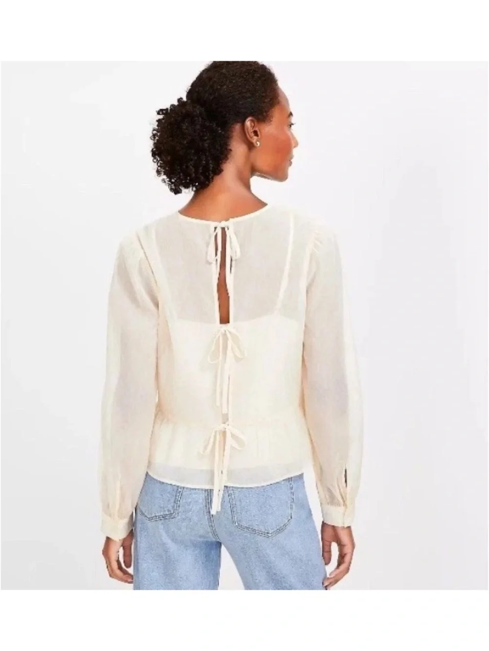 Ann Taylor LOFT Women’s S Feather Print Tie Back Peplum Blouse In Ecru Cloud $70